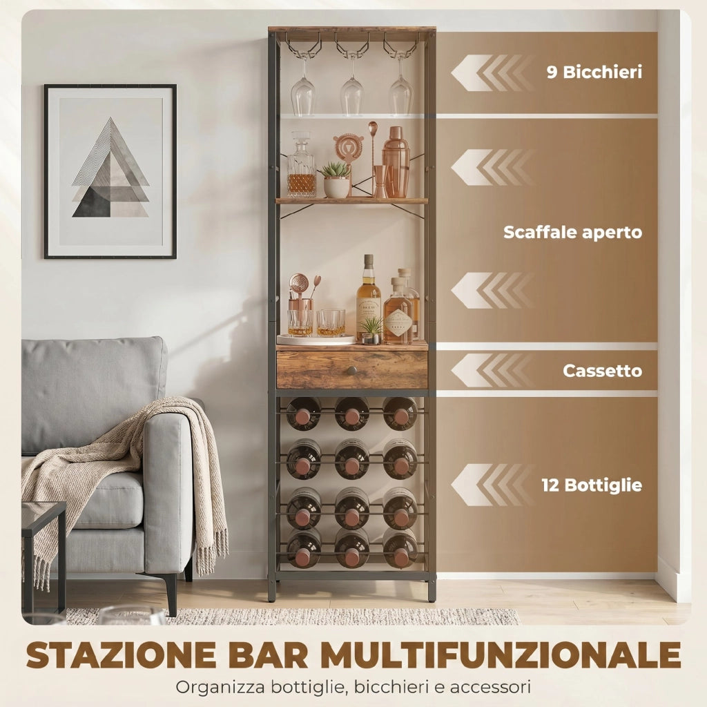 Mobile Bar, Mobile da Bar con Cassetto, Portabicchieri, Marrone Rustico