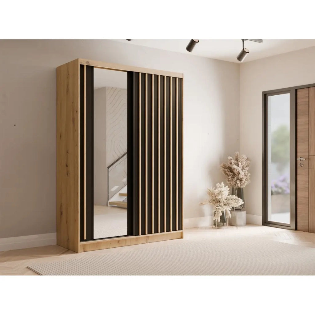 Armadio KAZU a 2 porte scorrevoli con specchio in rovere e grigio grafite 155 cm