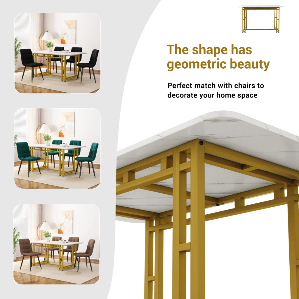 Tavolo da pranzo con 4 sedie, piano in MDF e gambe in metallo dorato, per cucina e soggiorno, grigio, 120 × 70 cm