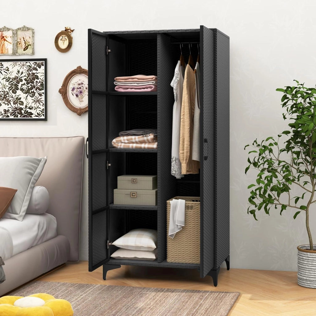 Armadietto da giardino in rattan, con 5 ripiani e mensole sospese, armadietto da terrazza con doppie porte, armadietto in rattan, 72 x 50 x 157 cm (nero)