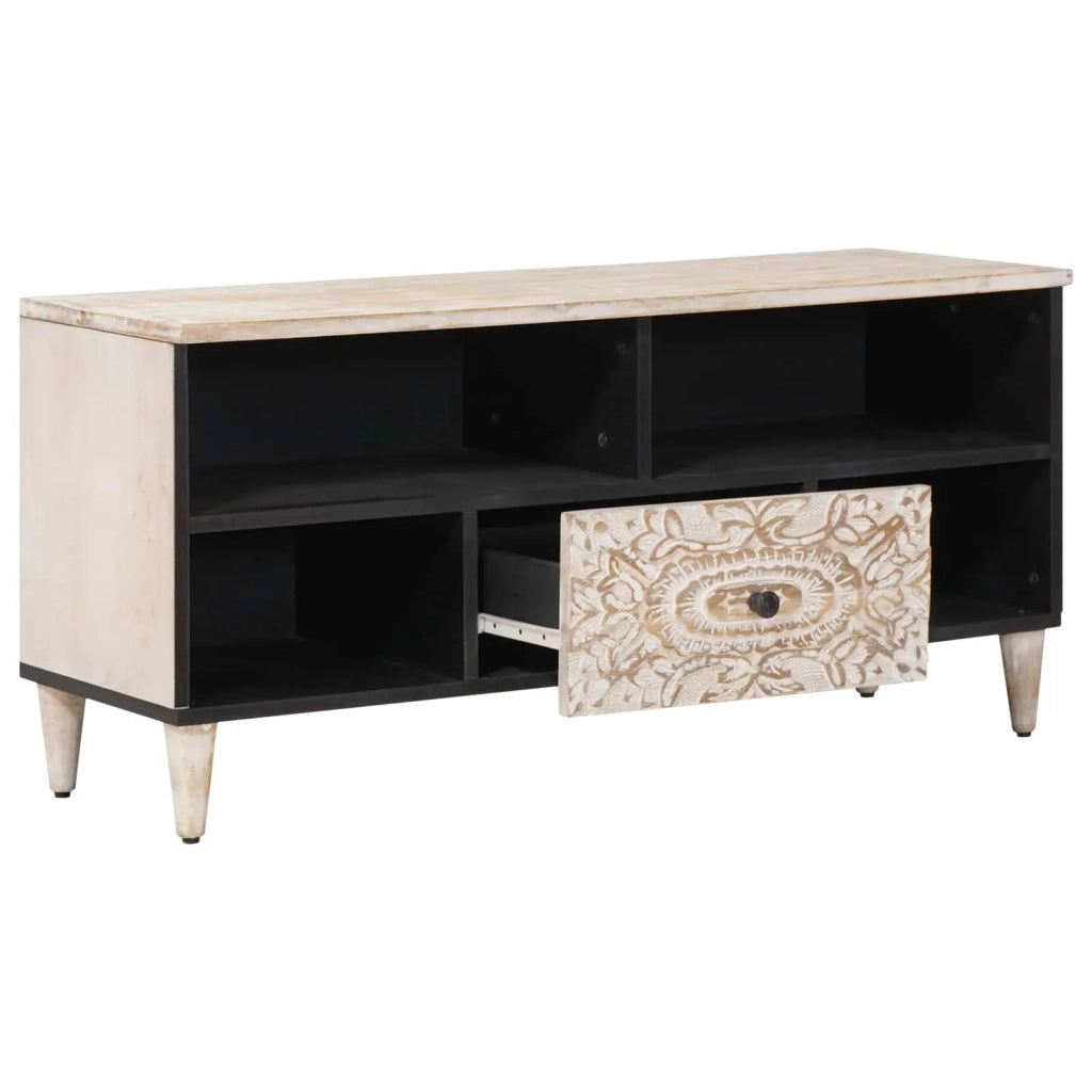 Mobile TV Bianco 100 x 33,5 x 46 cm Legno di mango massello 4018384