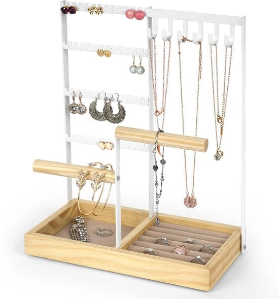Organizzatore di gioielli per inverno 4 livelli - 48 aperture per orecchini, 6 ganci per collane - Gioielli, anelli, orologi, bracciali e standard di collana Gioielli Decorativi - Standard di gioielli decorativo Metallo bianco e legno