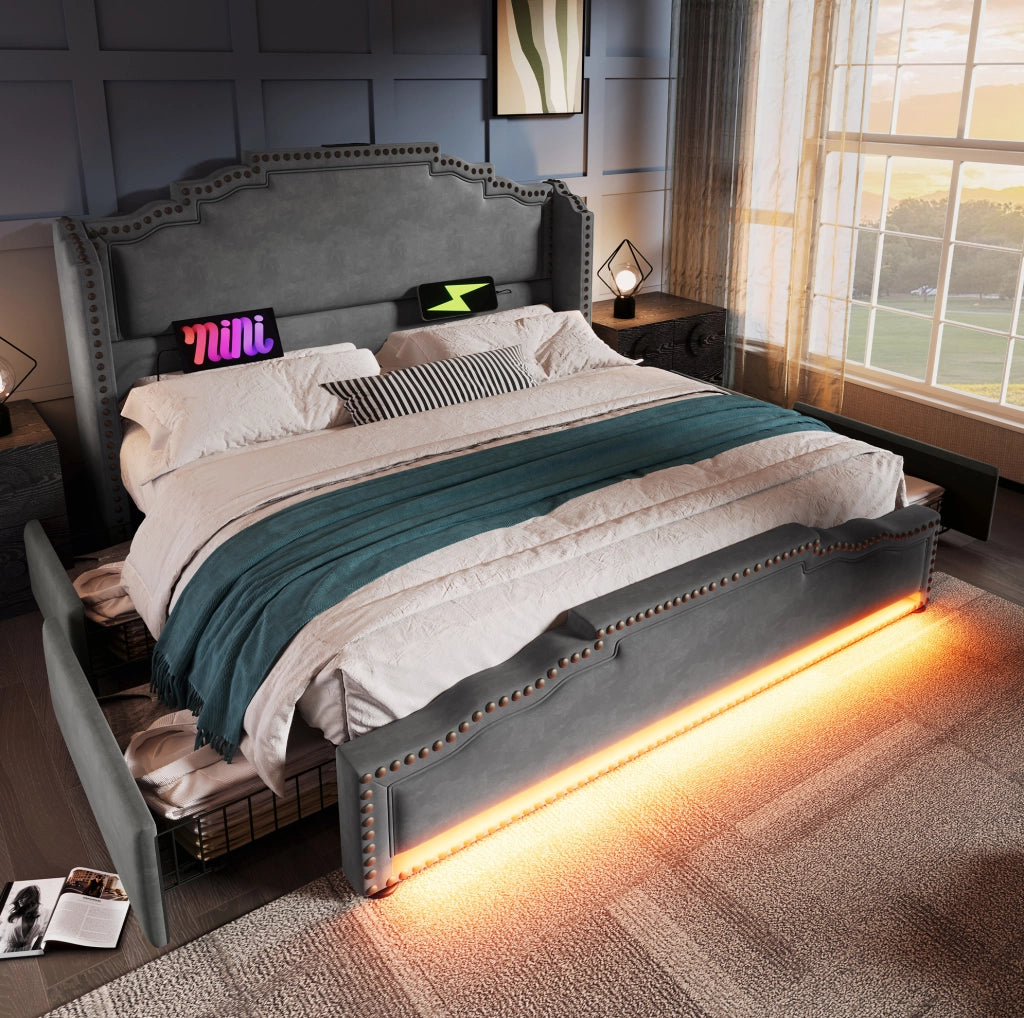 Letto matrimoniale 160x200 cm in velluto grigio con LED; USB e Type-C; 4 cassetti e materasso