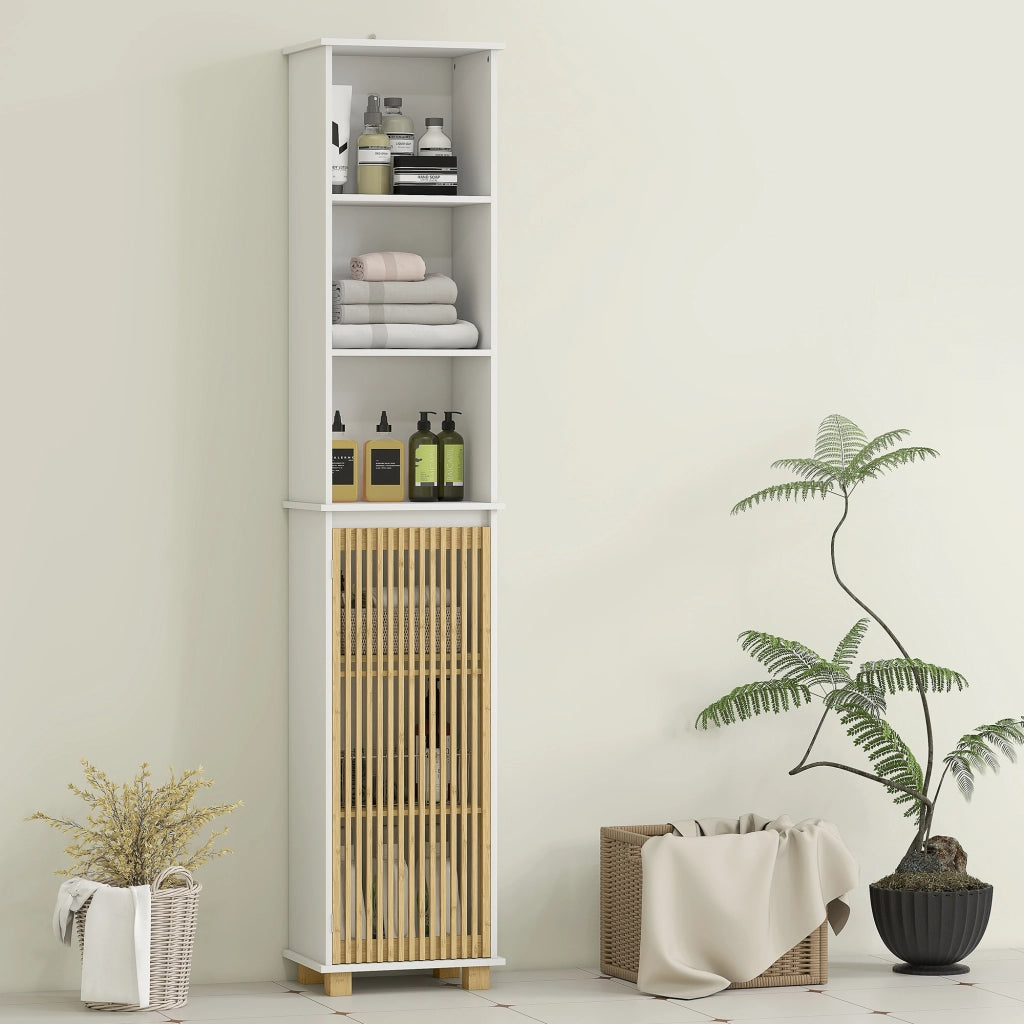 Colonna Bagno con Ante in Bamb¨´ e Ripiani Aperti ¨C Minimal ¨C Bianco