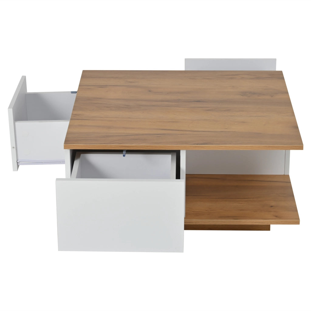 Tavolino da Caffè Quadrato con 3 Cassetti e Vano a Giorno; Finitura Lucida; in Truciolare; Bianco e Noce; 70×70×31;5 cm