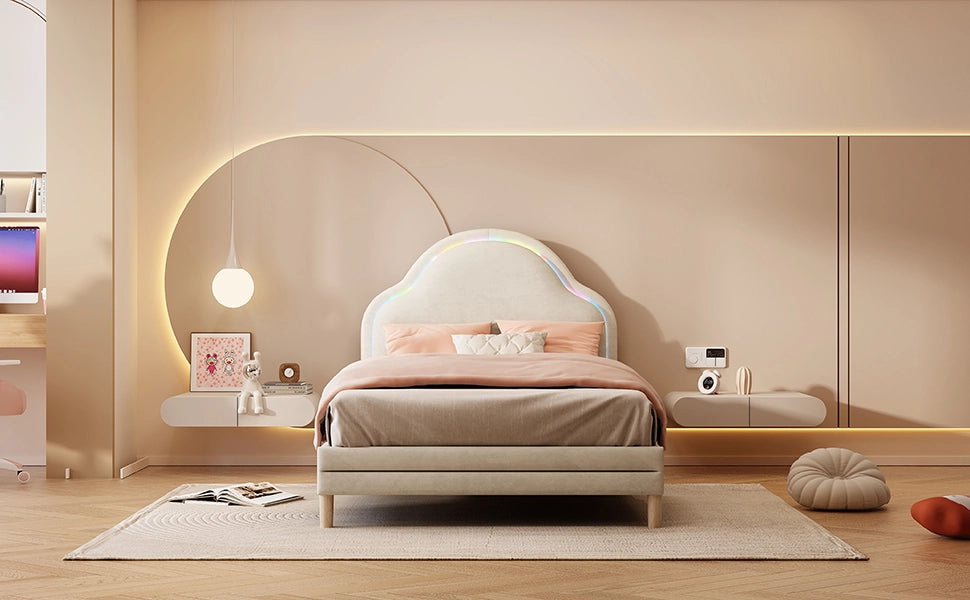 Letto singolo imbottito con testiera a nuvola e striscia LED multicolore; velluto beige; 90x200 cm; senza materasso