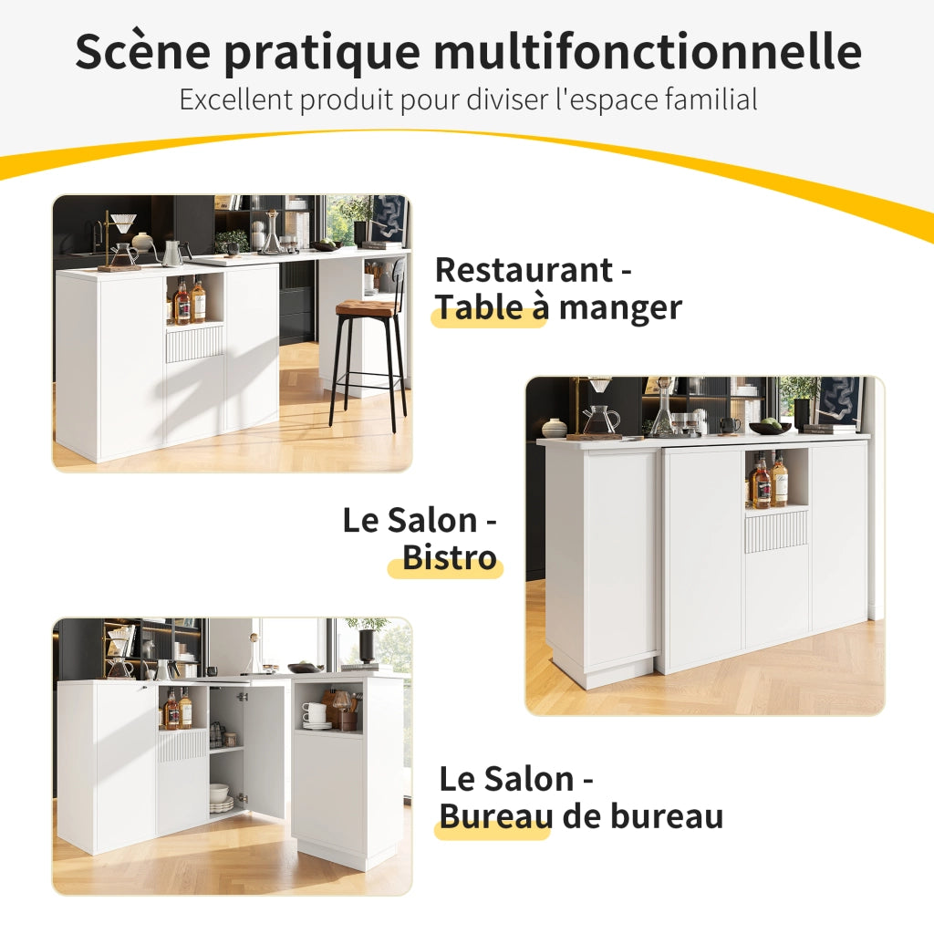 Mobile Bar Girevole a 360° con Vani Aperti e Chiusi; Piano Effetto Marmo; in MDF; 210x30x100;9 cm; Bianco