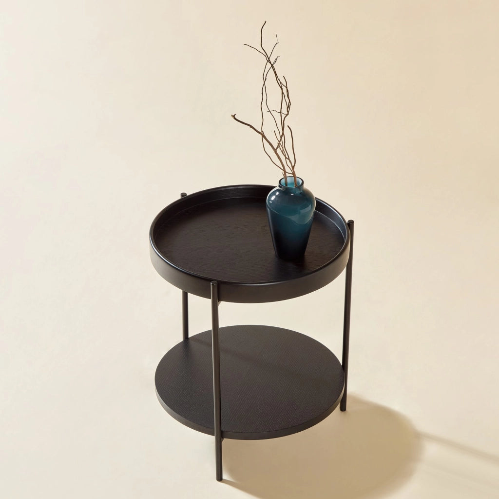 Tavolino rotondo 44x44x48 cm nero; doppio piano a 2 livelli; legno e metallo;