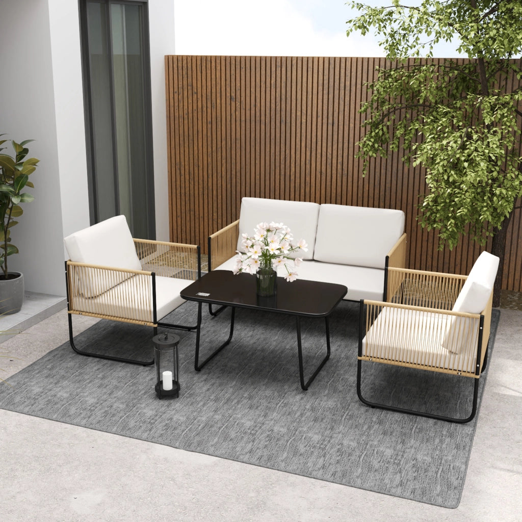 Set da Giardino 4 Pezzi in Rattan e Acciaio con Divanetto, 2 Poltrone da Esterno e Tavolino Basso, Multicolore