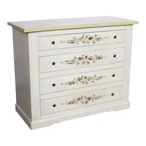 Comò casettiera in legno Shabby chic mod toscano bianco anticato decorato a mano filo verde