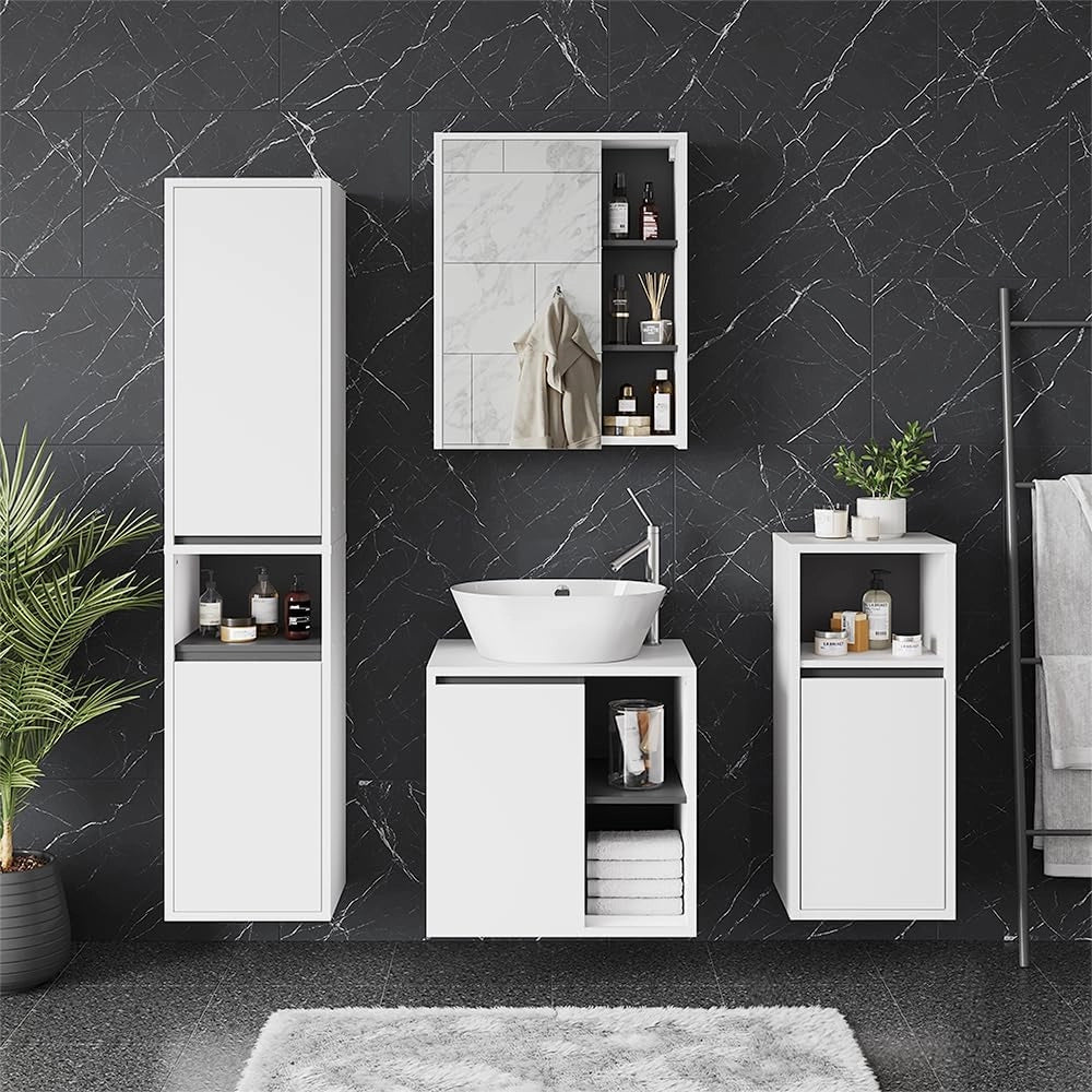 Mobile alto Viola, Bianco/Grigio, 38 x 170 cm con 2 porte, combinabile con la serie Viola per riporre oggetti in bagno