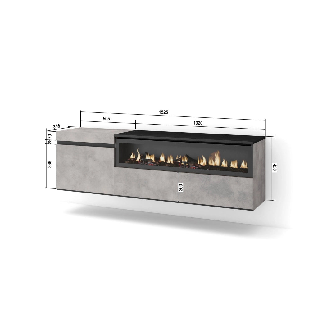 Mobile TV Soggiorno, 150x35x45cm, Per TV fino a 65", Camino elettrico, da appendere, grigio cemento RF2474