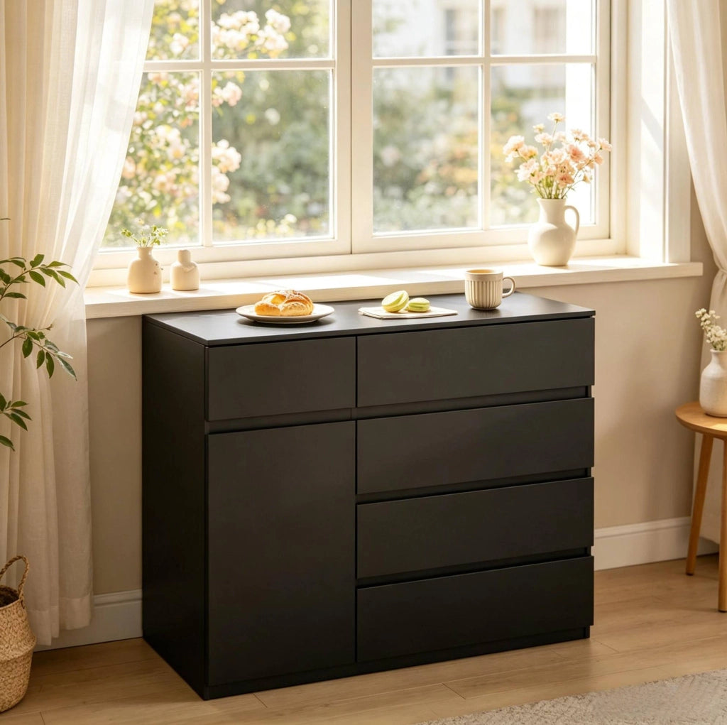 Credenza contenitore 100x40x80 cm con 5 cassetti e anta; nera
