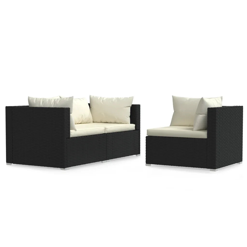 Set Divani da Giardino 3 pz | Set Salotto da Giardino con Cuscini in Polyrattan Nero