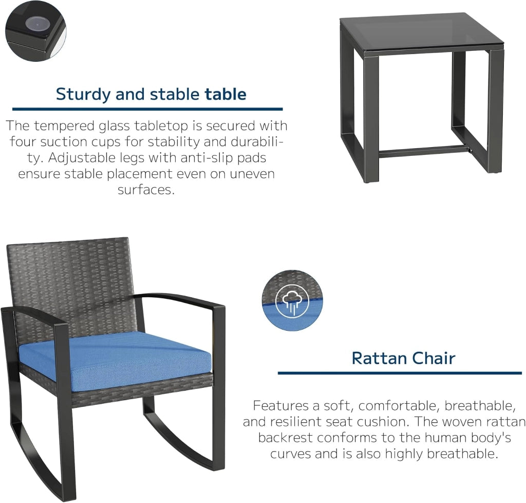 Set di Mobili da Balcone,Set Tavolino e Sedie da Giardino,Set di Mobili da Giardino in Rattan,2 Sedie da Esterno e 1 Tavolino,per Giardino Cortile Piscina (Blu)