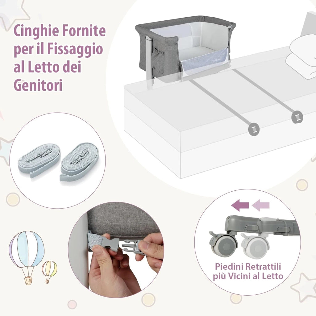 Culla Neonato Fianco Letto 3 in 1, Lettino Dondolo Neonati con Materasso, Culla da Campeggio con Ruote e Borsa, Regolabile In Altezza, Inclinazione di 10°, per Bambini 0-6 Mesi (Grigio)