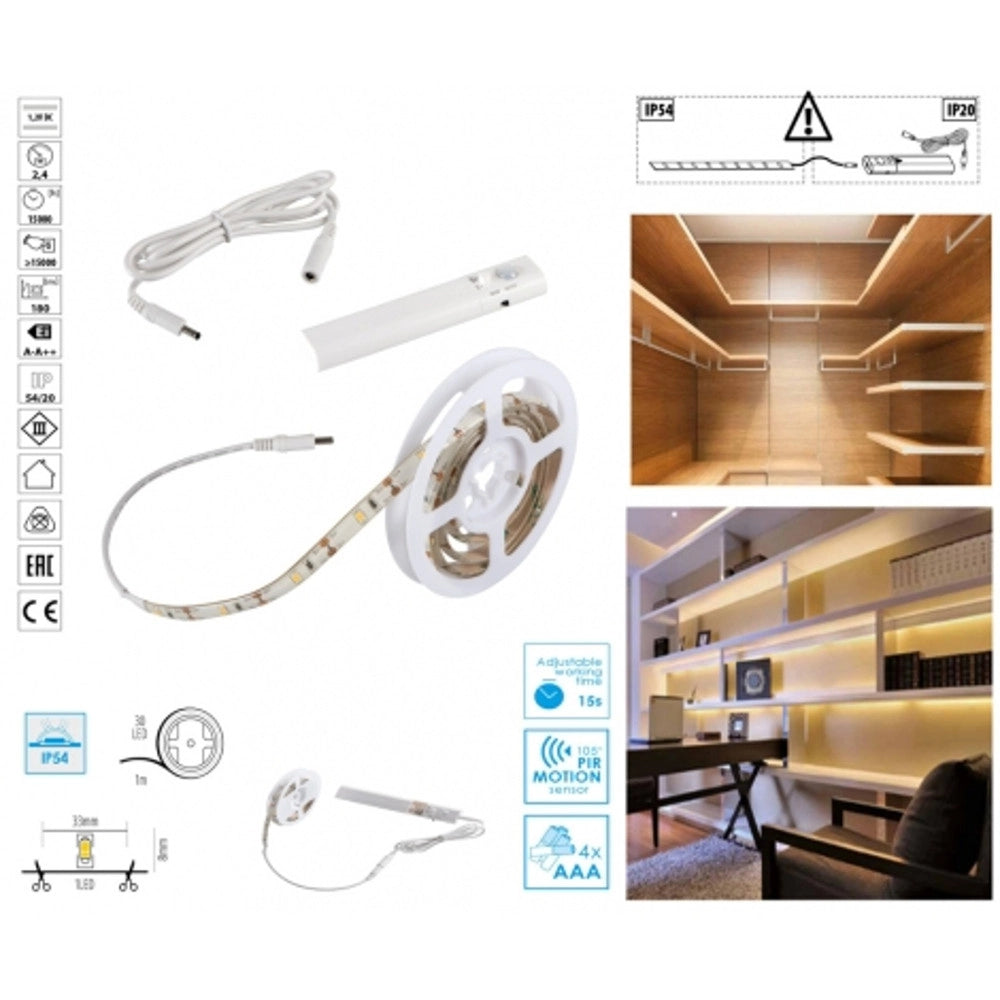 Trade Shop - Kit Striscia Led Con Sensore Movimento Bianco Caldo 3000k 2,4w 180lm A Batterie -