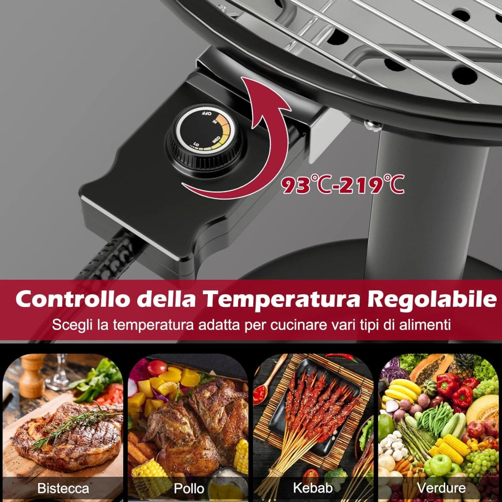 Grill Elettrico per BBQ, Grill Portatile Verticale con Griglia Scaldavivande Rimovibile Antiaderente, Temperatura Regolabile, 1600 W per BBQ, Festa, Campeggio