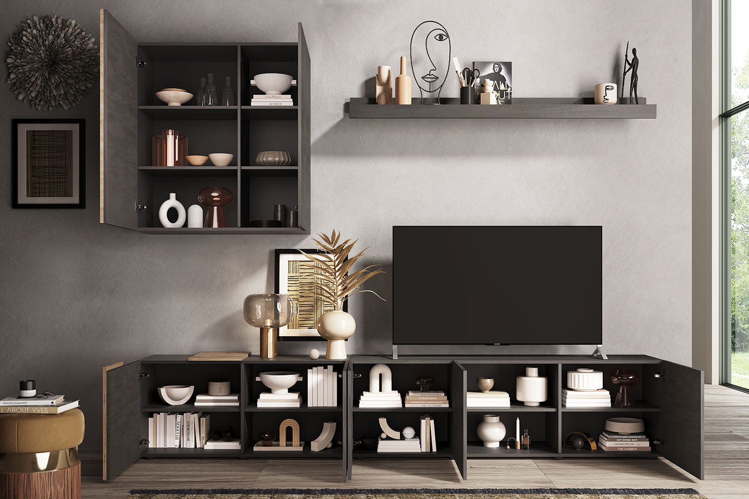 Parete Attrezzata Design Contemporaneo 301x44x195 cm Mobile TV e Pensile Titanio e Cadiz