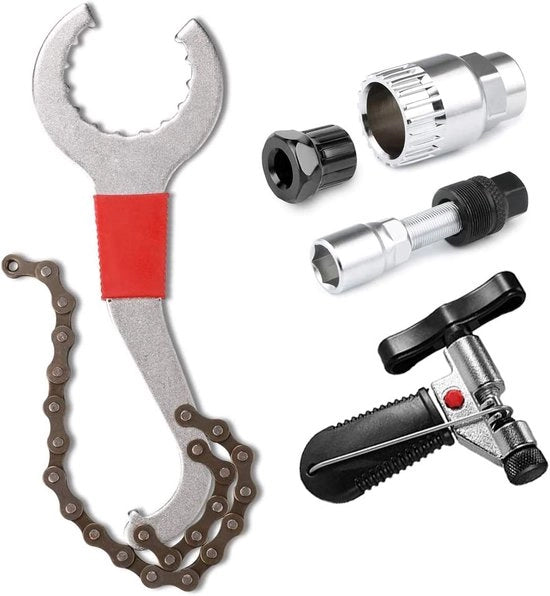 Set di Manutenzione Bicicletta Professionale 5 in 1 - Acciaio Resistente - Strumento per Cassetta e Trappeto - Trasformatore di Cinghia - Universale per 6-12 Velocità