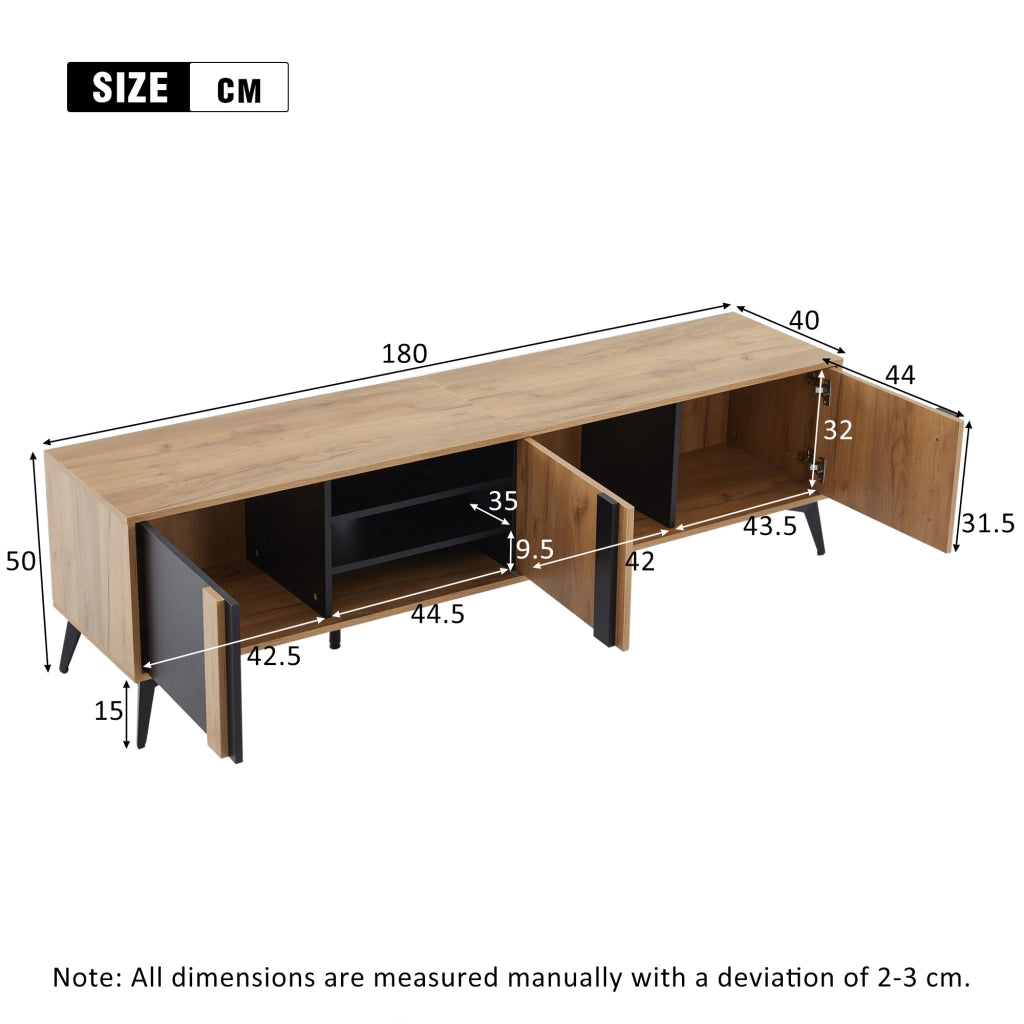 Mobile TV con 3 ante e 4 vani aperti; passacavi e piedi regolabili; per soggiorno; 180 × 40 × 50 cm; in truciolare; nero e marrone