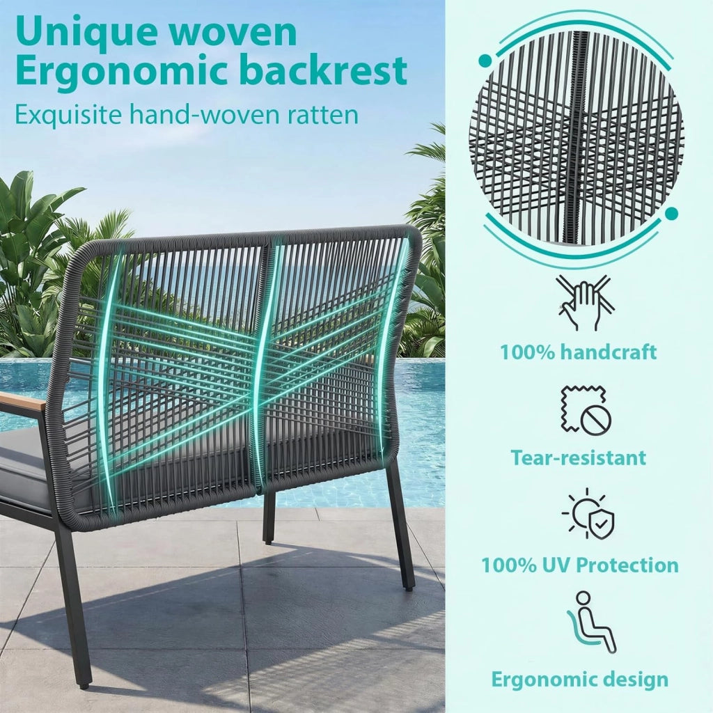 Panchina da giardino in rattan, sedia da giardino a 2 posti in polyrattan, panchina da esterno, resistente alle intemperie, braccioli in WPC, per terrazza, giardino e veranda, grigio
