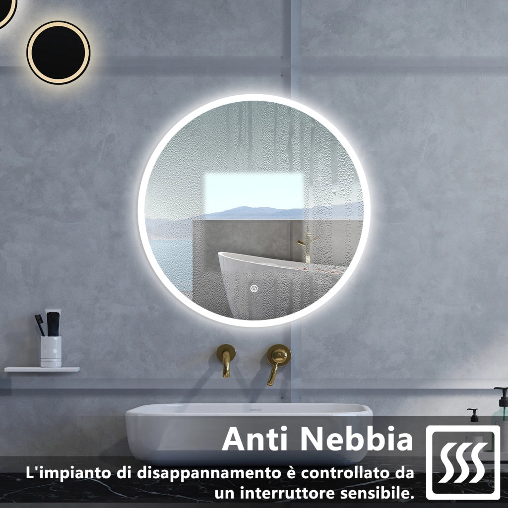 Specchio da bagno Rotondo con 60cm,3 colori,Memoria, Antifog,Regorabile,Retroilluminato,doppio interruttore,