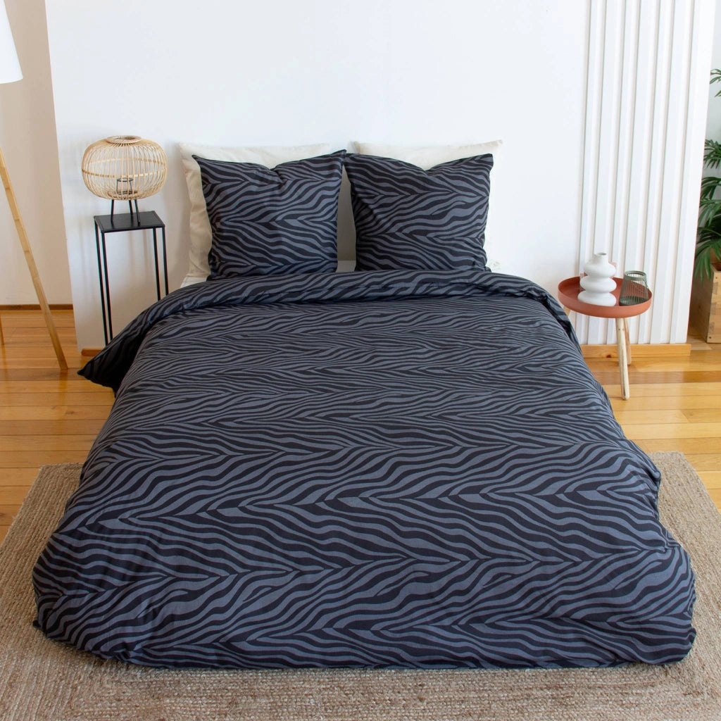 Completo letto in cotone reversibile stampa zebrata 2 posti nero