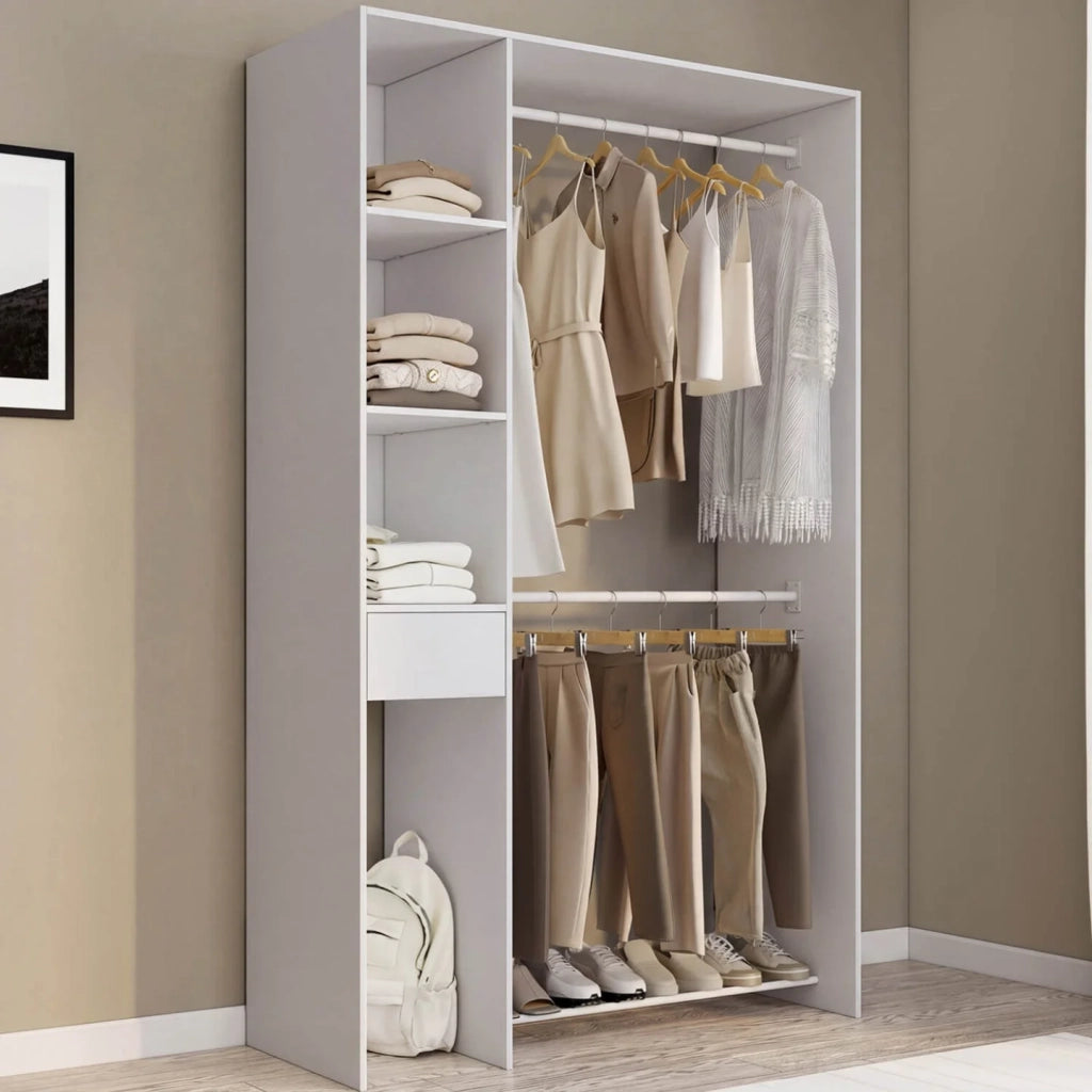 IDMarket - Cabina armadio doppia L. 110 cm MIRTY con ripiani + cassetto + vano porta scarpe bianco