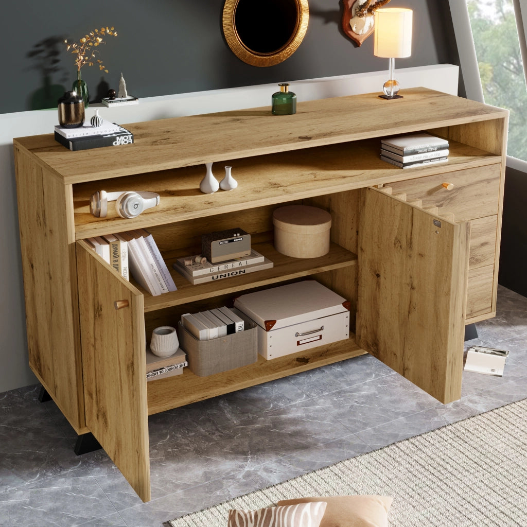 OKWISH Credenza Vintage con 2 Ante 3 Cassetti e Vano Aperto Ripiano Regolabile per Soggiorno Ingresso 120 x 40 x 85 cm