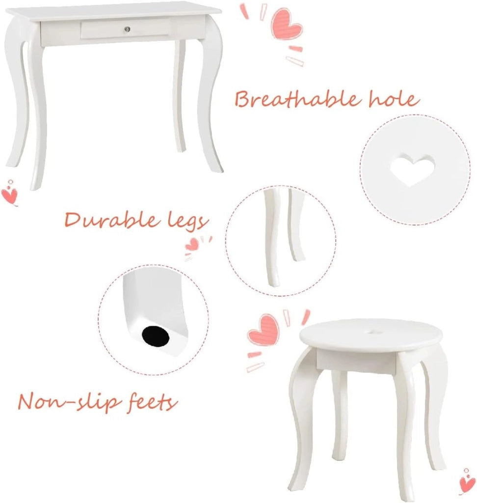 Specchiera Toeletta per Bambini, Set di Tavolo e Sgabello Giocattolo da Trucco in Legno con Cassetto e Specchio Rimovibile, Moderno e Multiuso, 70x34x105cm Bianca