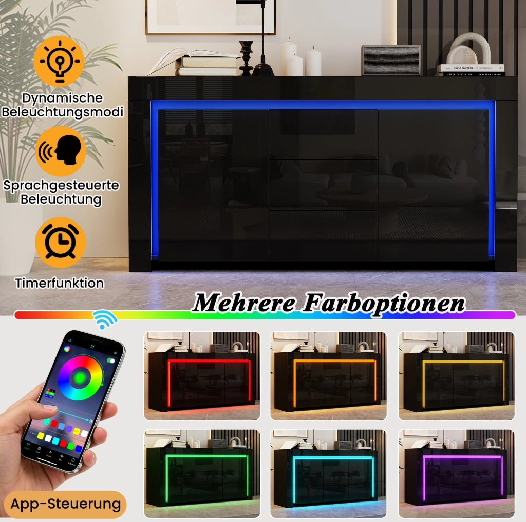 Sideboard nero lucido con 2 ante, 3 cassetti e luci LED