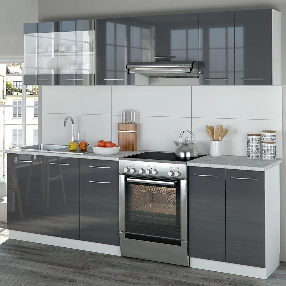 Mobile da cucina Raul, Antracite lucido/bianco, 240 cm, PL Marmo, combinabile in modo flessibile con elementi modulari