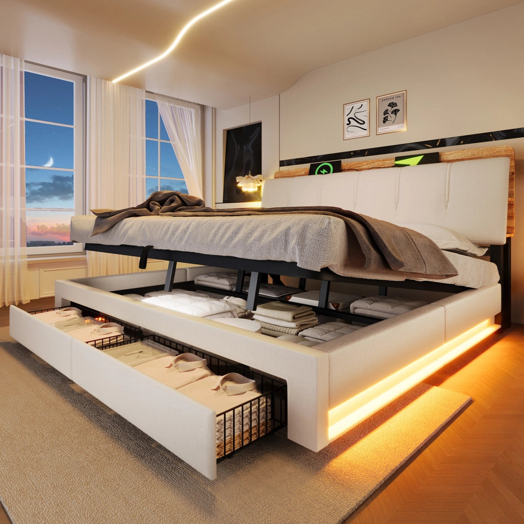 Letto imbottito 180x200 cm con vano contenitore, LED e USB-C