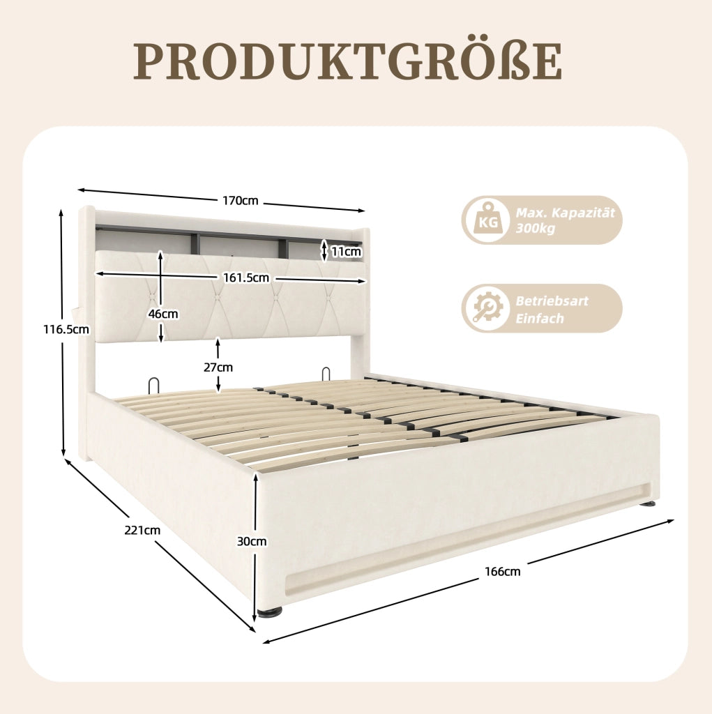 Letto matrimoniale 160x200 cm beige con LED, USB-C e contenitore