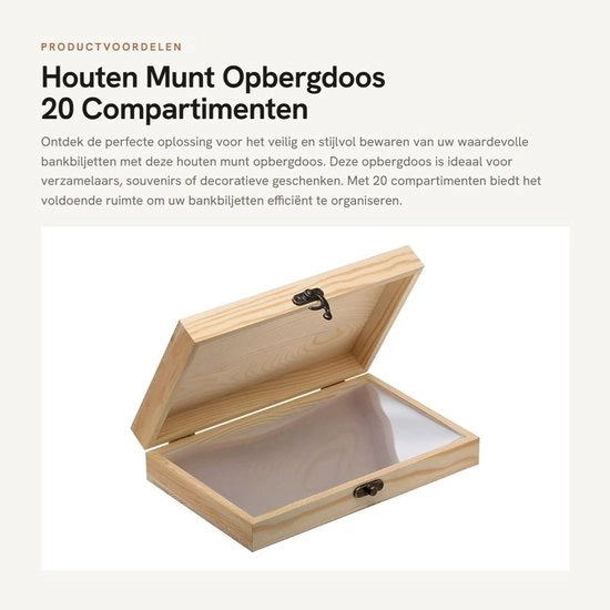 Cassa di conservazione in legno - 20 tasche - contenitore per monete e banconote - raccoglitore - protezione - stile e durata - collezione di monete