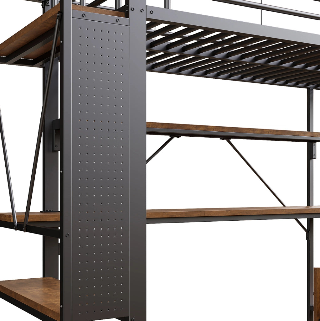 Letto a soppalco 90x200 cm con scrivania, LED, ripiani e USB