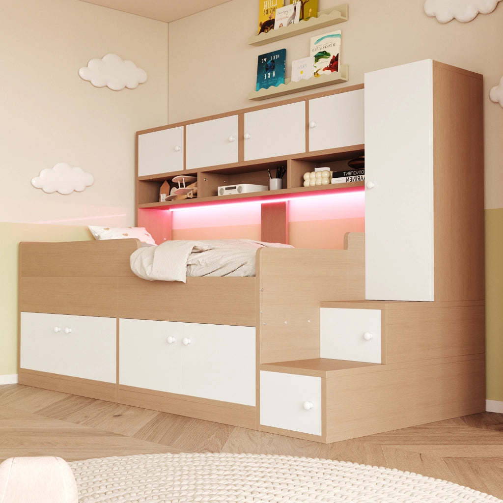 Letto Bambini in Legno con Contenitore, Armadio, LED e Scaletta ¨C MINIMAL ¨C 90x200