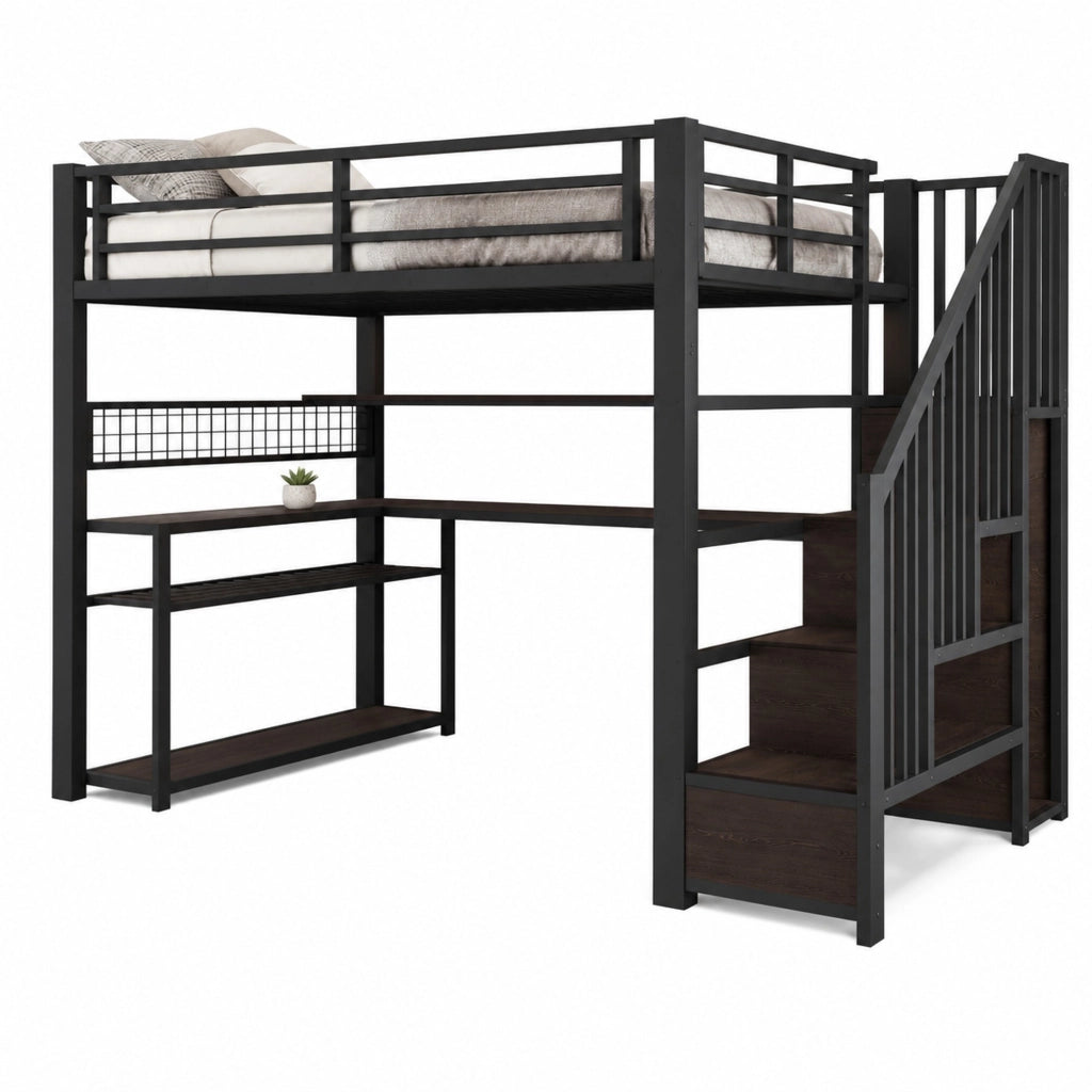 LETTO A CASTELLO 90x200 cm in metallo e MDF nero con scrivania, armadio e LED