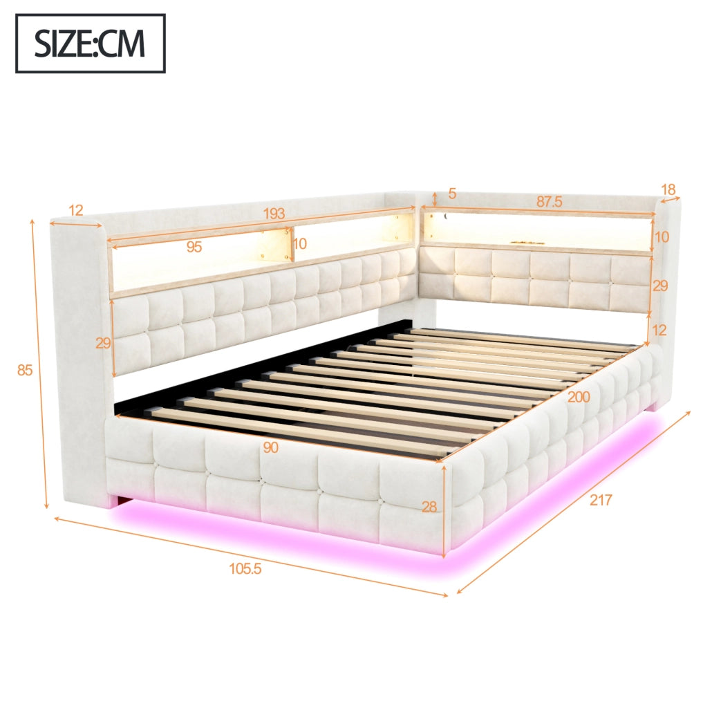 Letto imbottito con contenitore 90x200 cm in velluto beige; LED; prese e ripiani