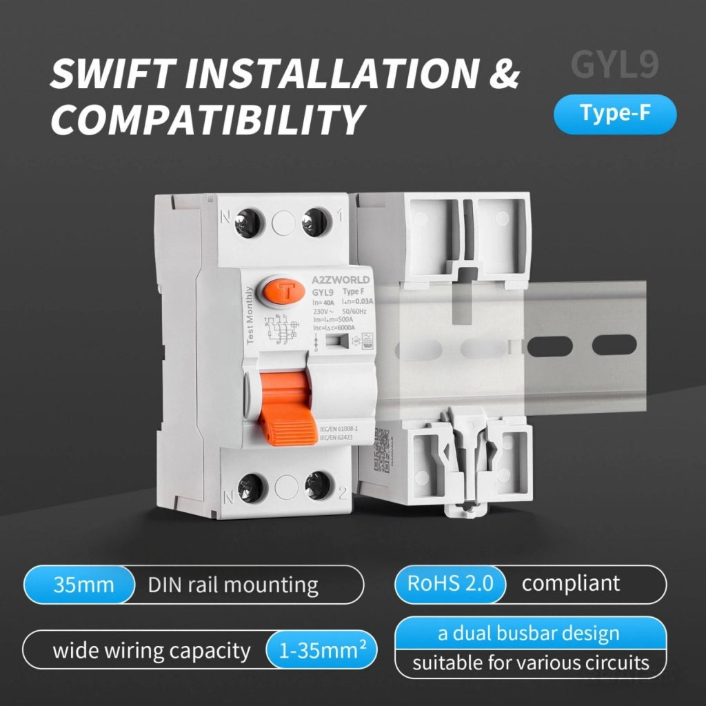 RCCB Interruttore Differenziale Puro Tipo F 1P+N 2M 6000A 300mA 63A AC 230V IP20 IEC61008-1 GYL9
