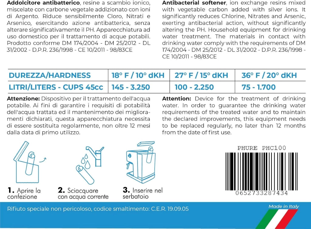 PHURE Addolcitore Acqua Antibatterico Filtro Anticalcare Universale per tutte le Macchine da Caffè e Bollitori, indicato per Nespresso