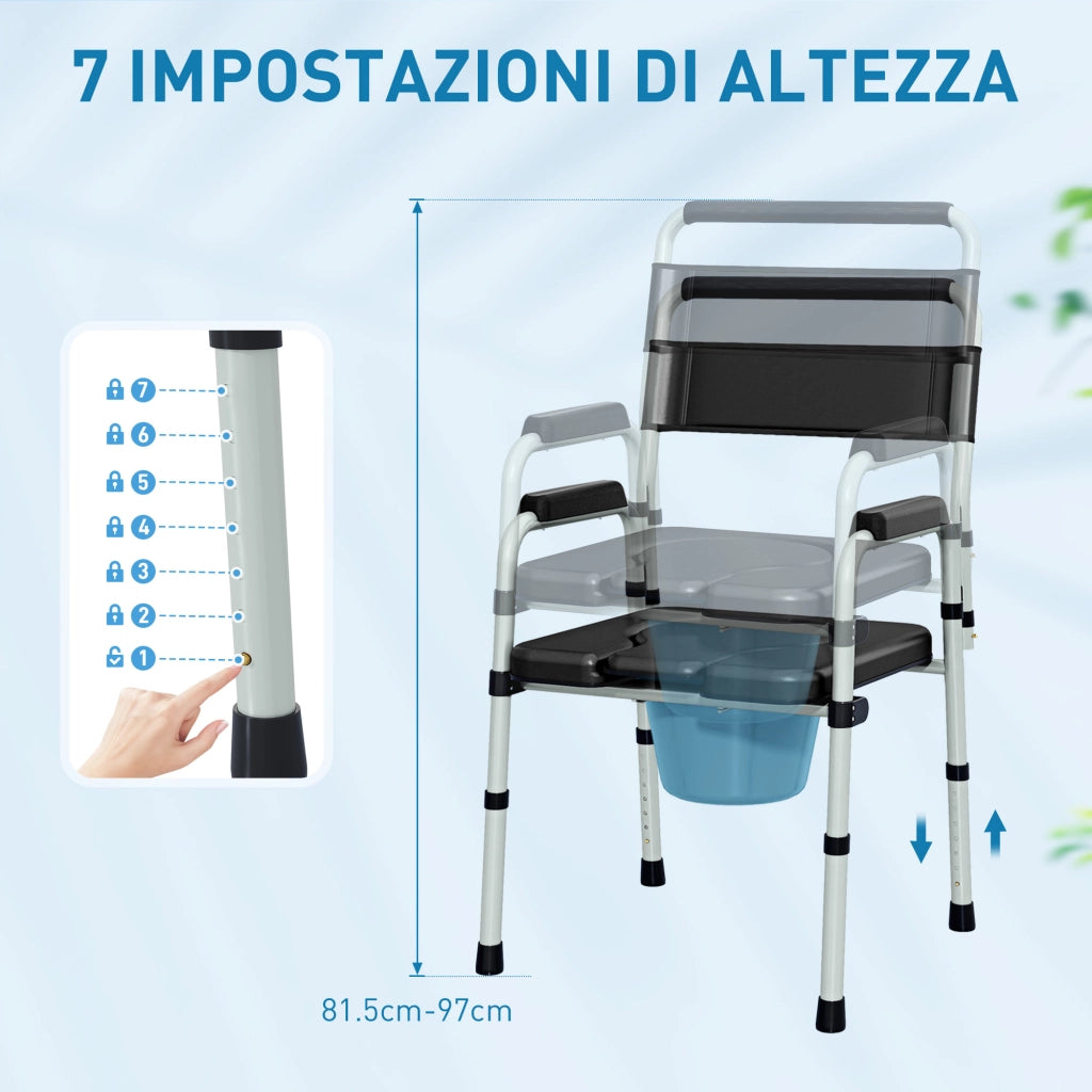 Sedia WC Pieghevole e Regolabile con Braccioli e Schienale, in Acciaio e Pelle PU, 52.5x46x81.5-97 cm, Nero