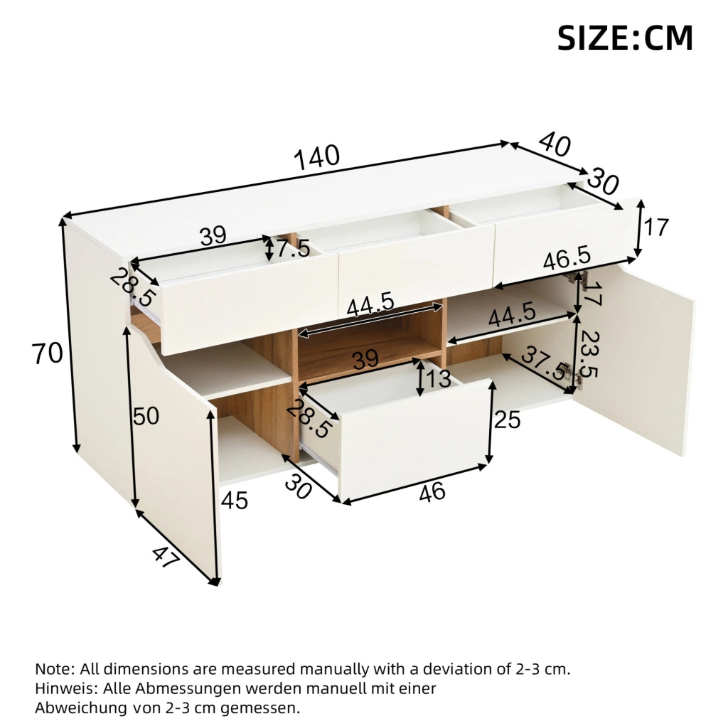 Madia ULEVR 140x40x70 cm con 4 cassetti, 2 vani, area semiaperta e LED USB, bianco e effetto legno