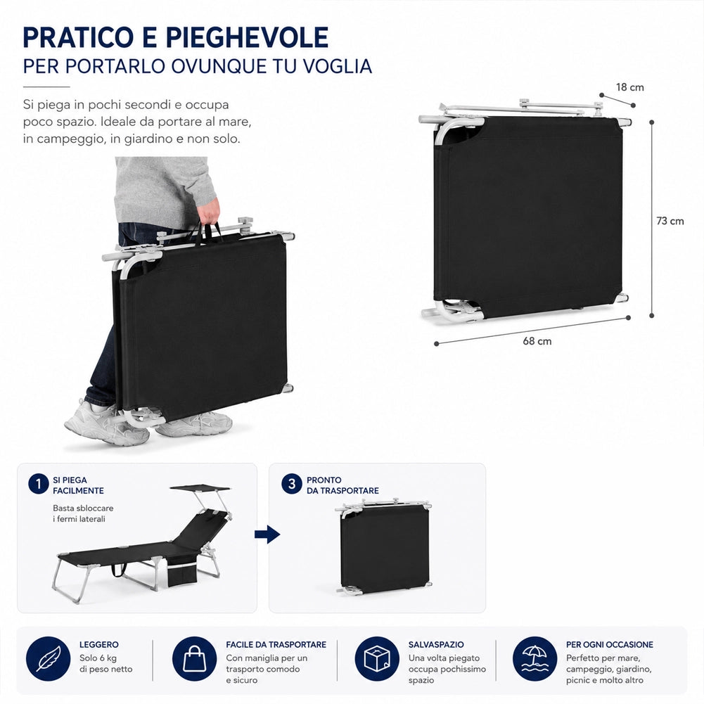 Set 2 Lettini Pieghevoli da Spiaggia Esterno Nero Sdraio da Mare con Parasole