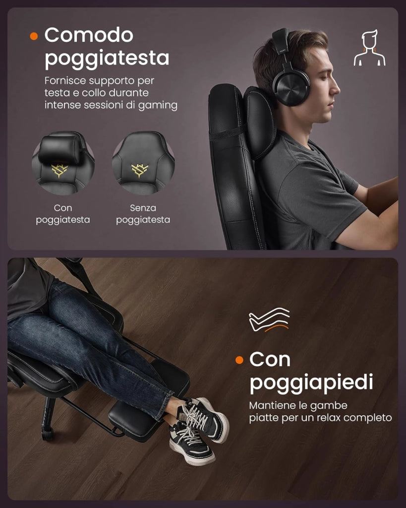 Sedia da Gaming Ergonomica per Computer Con Poggiapiedi e Poggiatesta, Pelle Sintetica, Altezza Regolabile, Nero Inchiostro OBG072B01
