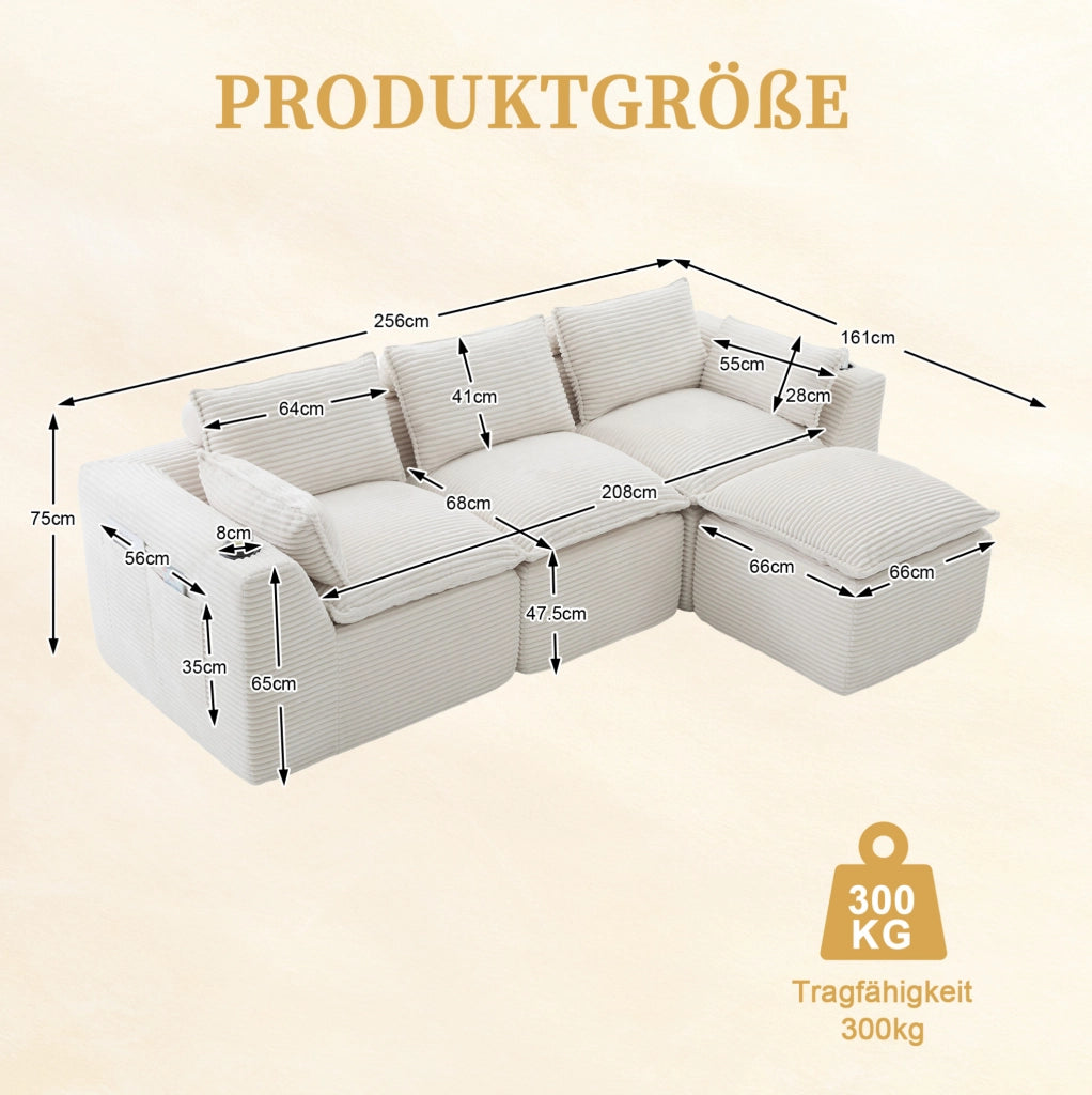 Divano modulare a 3 posti con pouf; tasche laterali; in corduroy beige 256x161x75 cm