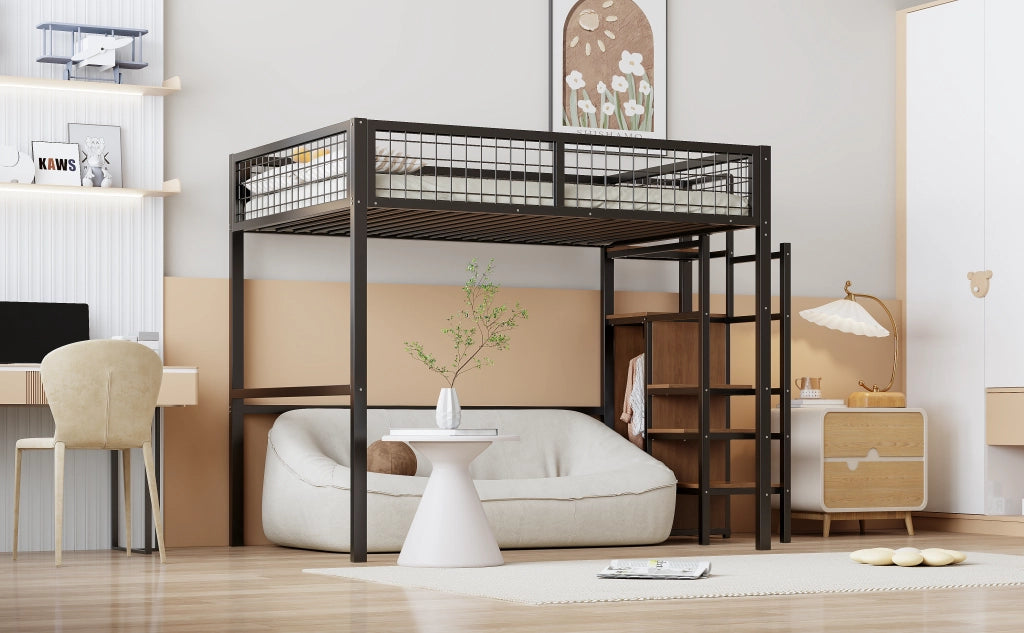 DESMIU Letto a soppalco 2 posti con armadio, scaffali e scala 140 × 200 cm, senza materasso, metallo, nero