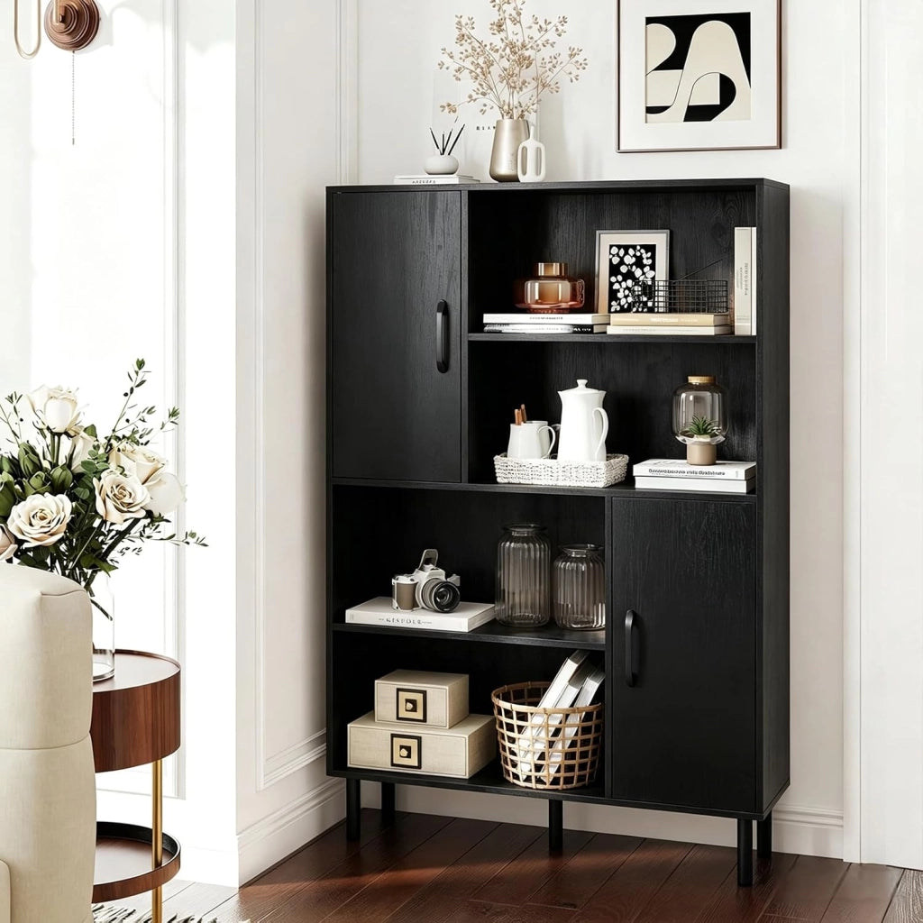 Libreria in Legno a 4 Livelli, Mobile da Cucina 84 X 24 X 119,5 CM con 2 Ant e 4 Ripiani Aperti, Credenza Buffet con Dispositivo Anti-Ribaltamento per per Soggiorno, Cucina, Studio (Nero)