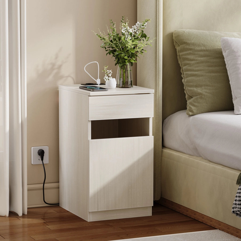 Comodino bianco in MDF con ricarica USB e presa